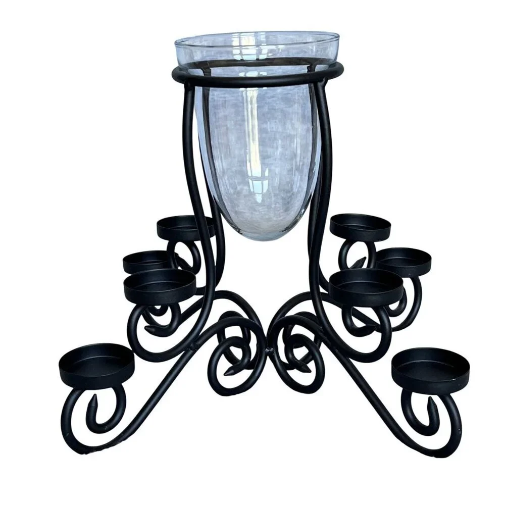 Wrought lron Holiday Centerpiece Fireplace Stand 1 Center Glass 8 Candle Slots